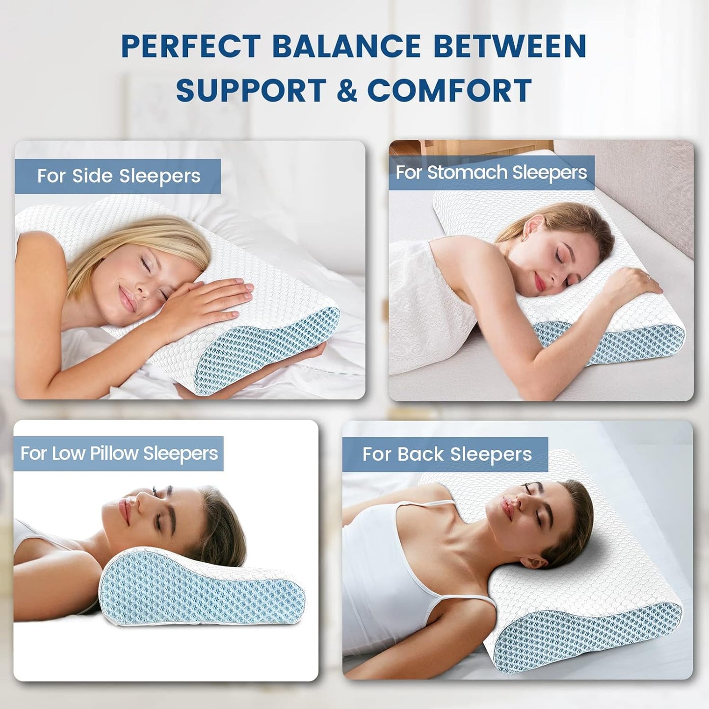 Neck Pillow Contour Memory Foam Pillows for Pain Relief Bed Pillow for Sleeping, Ergonomic Pillow for Neck and Shoulder Pain, Orthopedic Cervical Pillow for Side Back Stomach Sleeper(White&Blue)