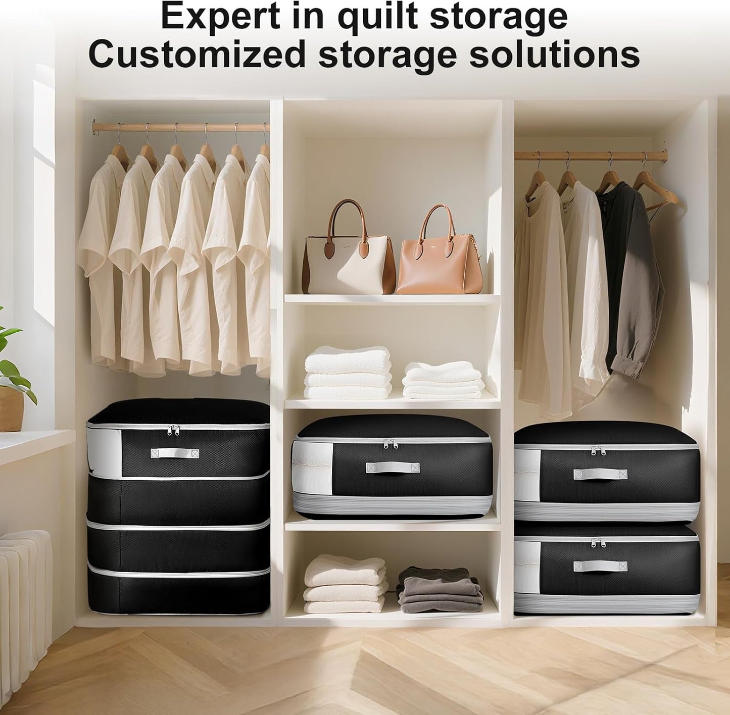 Comforter Storage Bag - 130L Large Capacity Blanket Storage Bags 4-Layer Ultra Space Saving Self Compression Organizer, Washable Compression Bags for Storage Comforter Blanket, 4-Pack, Black