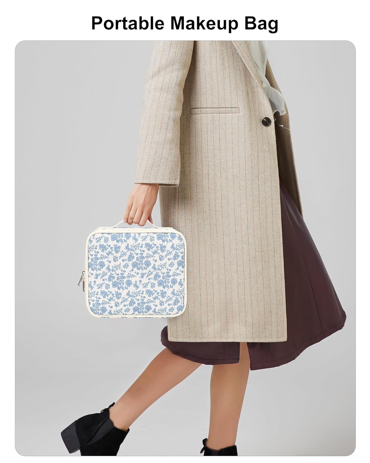 Relavel Travel Makeup Bag with LED Mirror, Portable Cosmetic Train Case with 3 Color Lighted Brightness Mirror, Makeup Artist Organizer Storage with Adjustable Dividers Make Up Box - Blue Flower