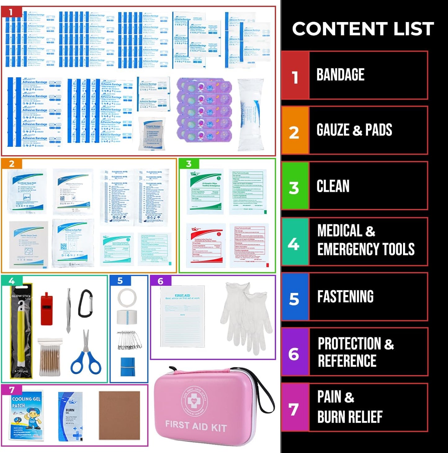 Premium First Aid Kit - 305 Piece Dual-Color Emergency Kit with Hard Shell & Fluorescent Interior Coating, Compact Survival Kit for Home, Car, Travel, Hiking & Outdoor (Pink/White)