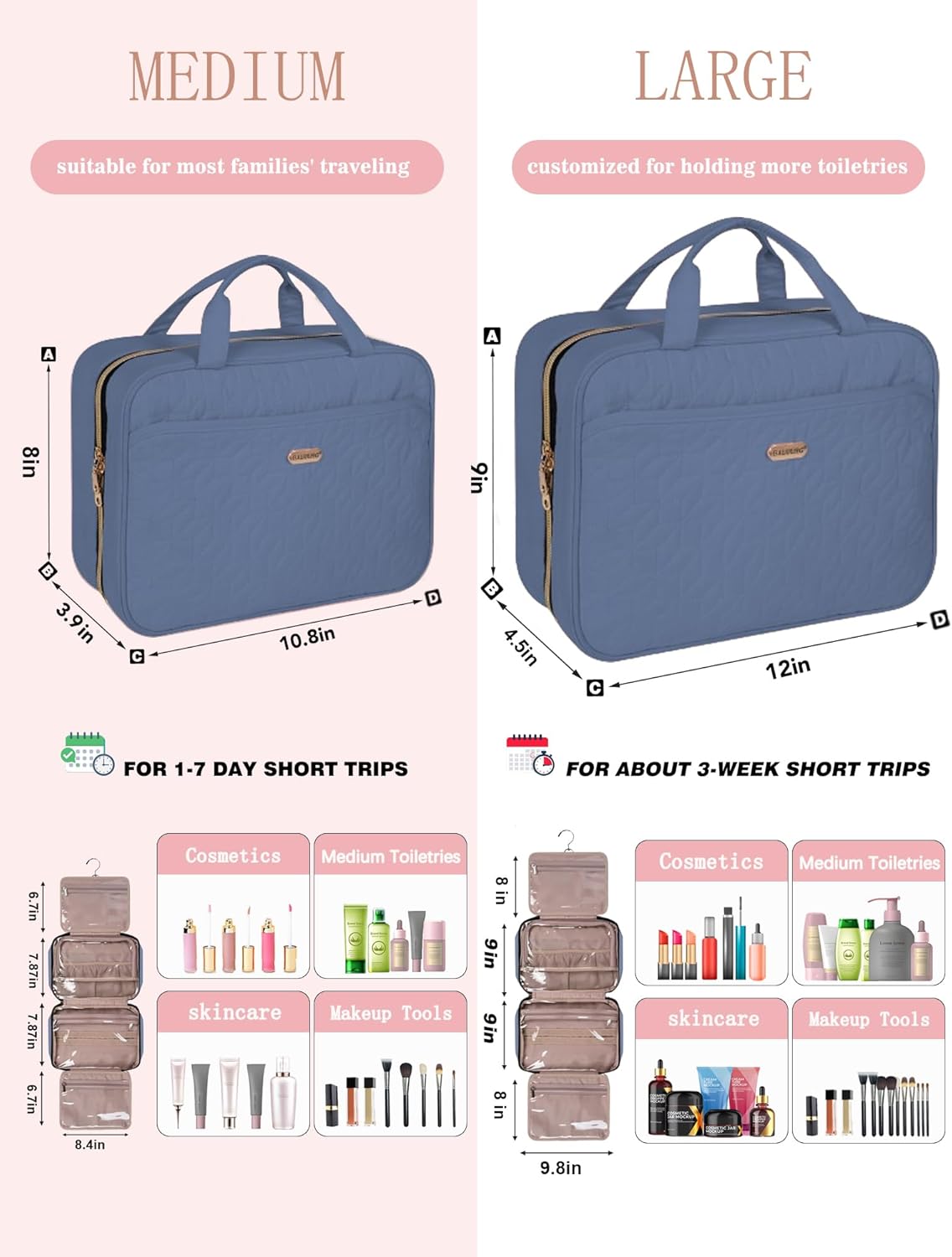 BALHLHG Toiletry Bag for Women with Hanging Hook, Medium Travel Makeup Organzier Bag, Water-resistant Cosmetic Travel Bag Toiletries Bag for Bathroom, Trip,Business, Greyblue