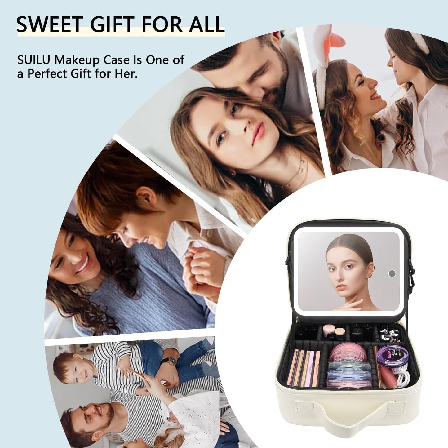 Makeup Bag with Led Mirror,Travel Makeup Organizer with 3 Color Setting, Portable Storage and Adjustable Dividers Travel Makeup Bag(White)