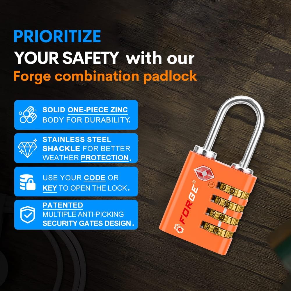 Forge Dual-Opening: Key or Combination Access Lock, TSA Approved Locks for Luggage, Pelican case, Travel, Gym, School, Stainless Steel Shackle.(Orange, 2 Pk)