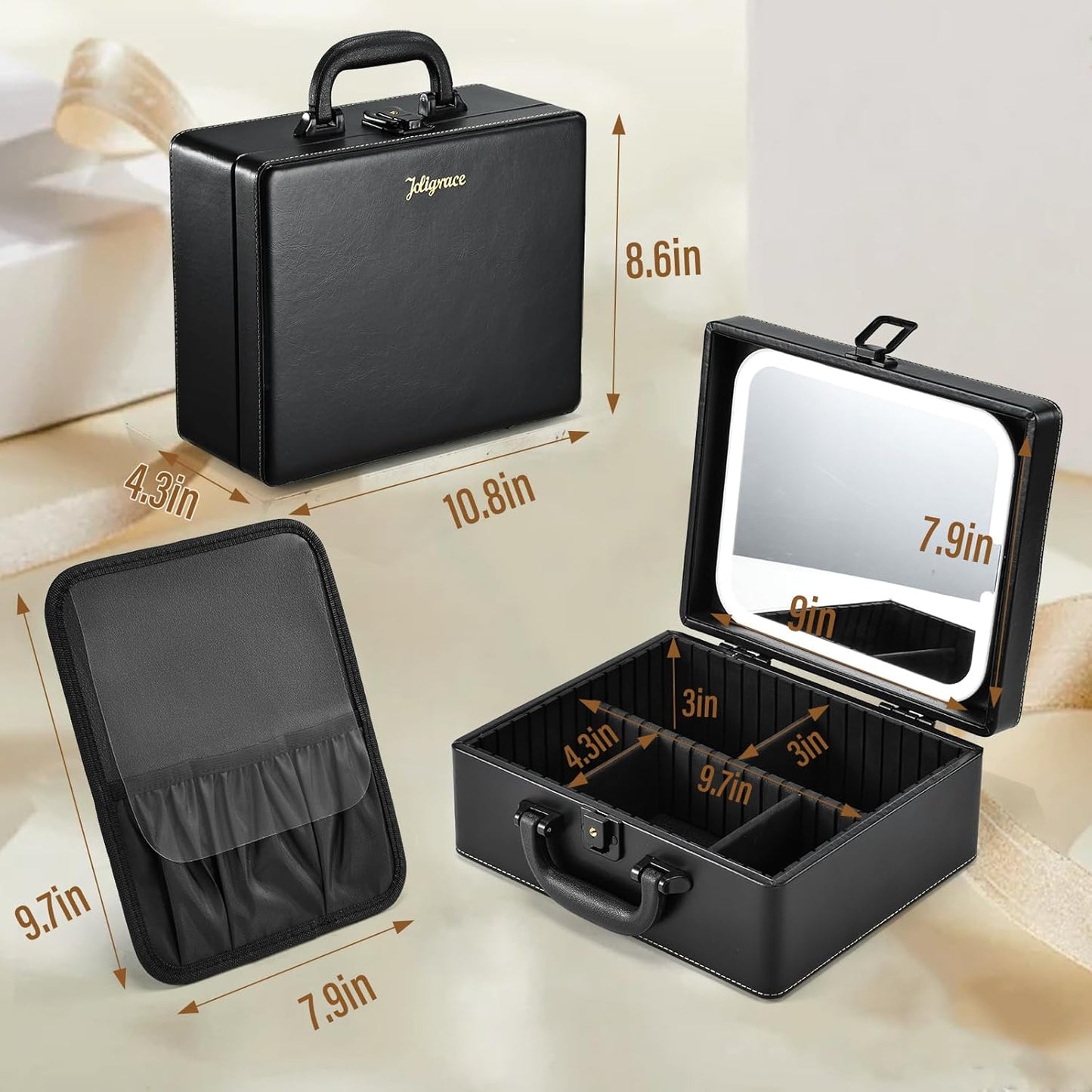 Joligrace Makeup Box with Detachable Lighted Mirror, Travel Train Case, Portable Makeup Case Cosmetic Organizer Vanity Cases for Women with Adjustable Dividers, Rechargeable Magnetic LED Mirror, Black