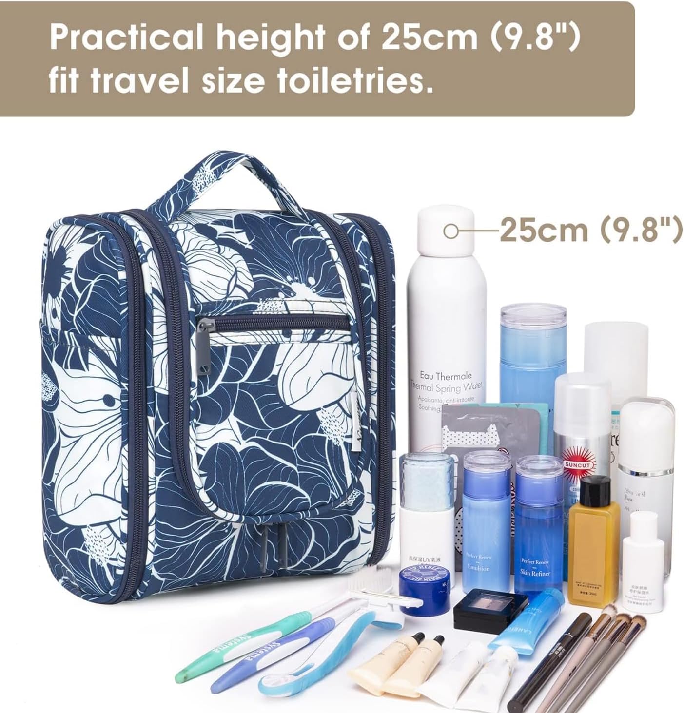 Narwey Small Hanging Travel Toiletry Bag Cosmetic Make up Organizer for Women and Men (Medium, Blue Lotus)