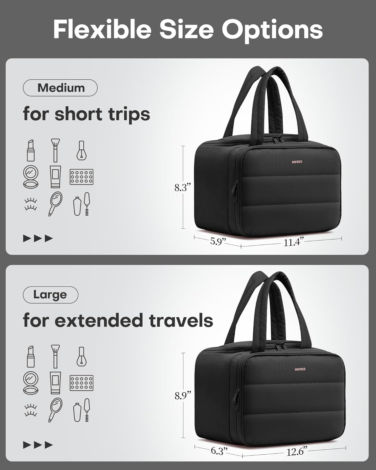 HOTOR Travel Toiletry Bag - Wide-Open Toiletry Bag for Women, Multi-Pocket Makeup Bag for Travel Essentials, Wet & Dry Separation Travel Accessories for Trip, Gym, 12.6" x 6.3" x 8.9", Black