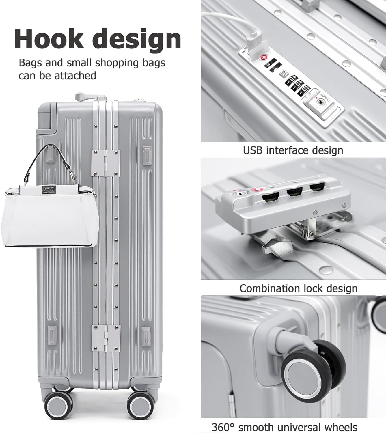 feilario 20" Aluminium Frame Hardside PC Carry on Luggage - Wide Handle Double Spinner Wheels Suitcase with TSA lock