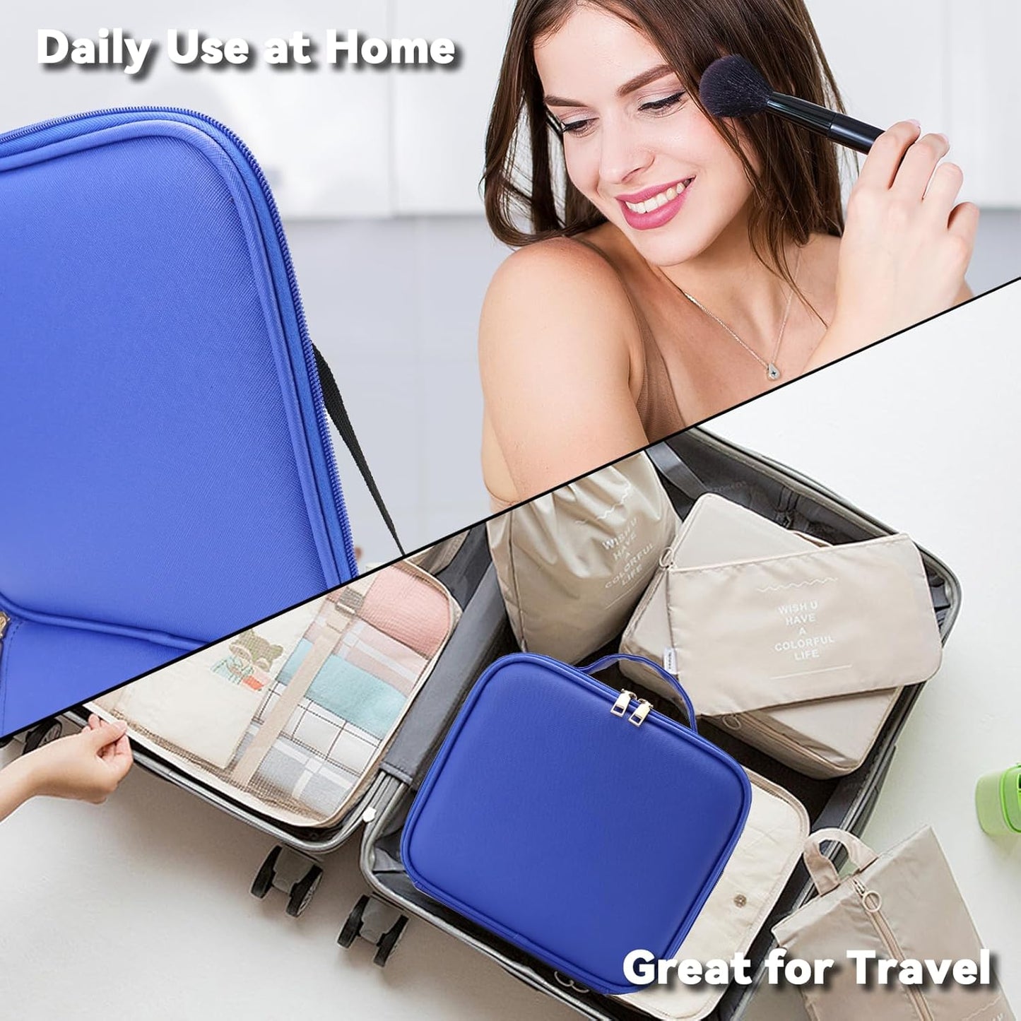 Travel Makeup Bag with LED Mirror and 10x magnifying glass with 3 Lighted Settings, Adjustable Dividers and Makeup Brush Storage Bag Dark Blue