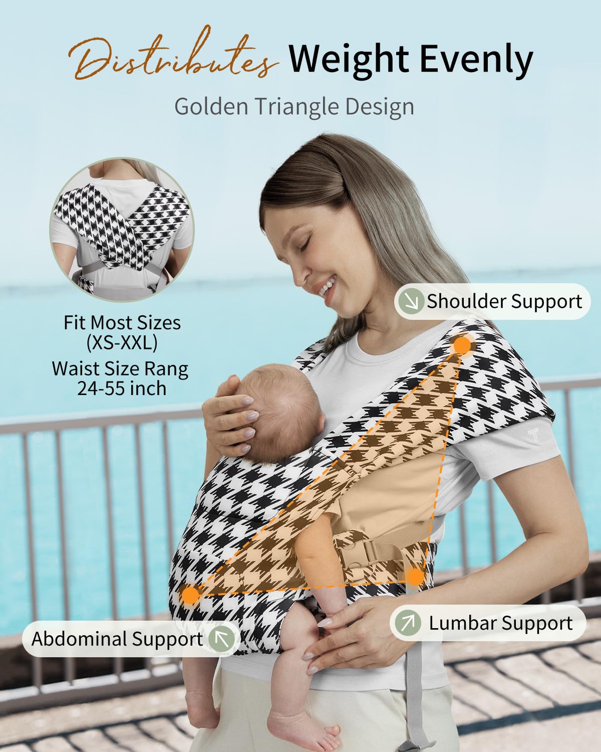 Newborn Carrier, Cozy Baby Carrier, Ergonomic Cross-Back Wrap, Hands-Free with Supportive Comfort, Tweed Black & White