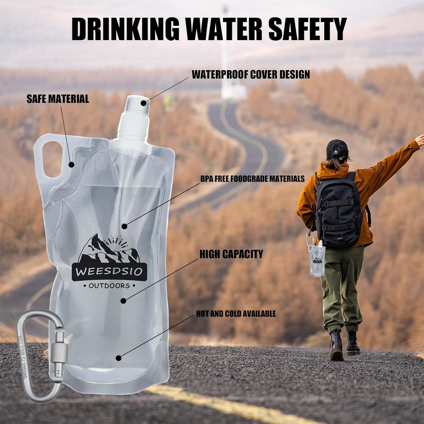 2-Pack 1L Hiking Collapsible Water Bottles with Mountaineering Buckle (Not Suitable for Climbing) BPA-Free Foldable Backpacking Water Bottle for Camping Hiking Running Cycling Mountaineering