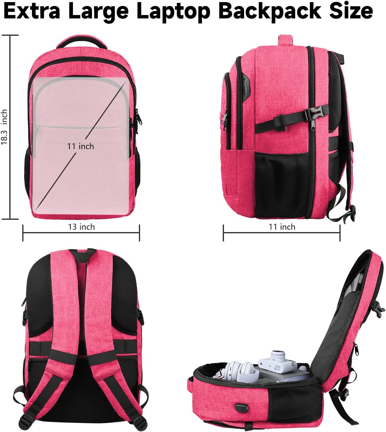 Lapsouno Extra Large Backpack, 17.3 Inch Travel Laptop Backpack, Water Resistant Casual Hiking Daypack, Computer Bag with USB Port, College School Business Carry on Rucksack for Women, Pink