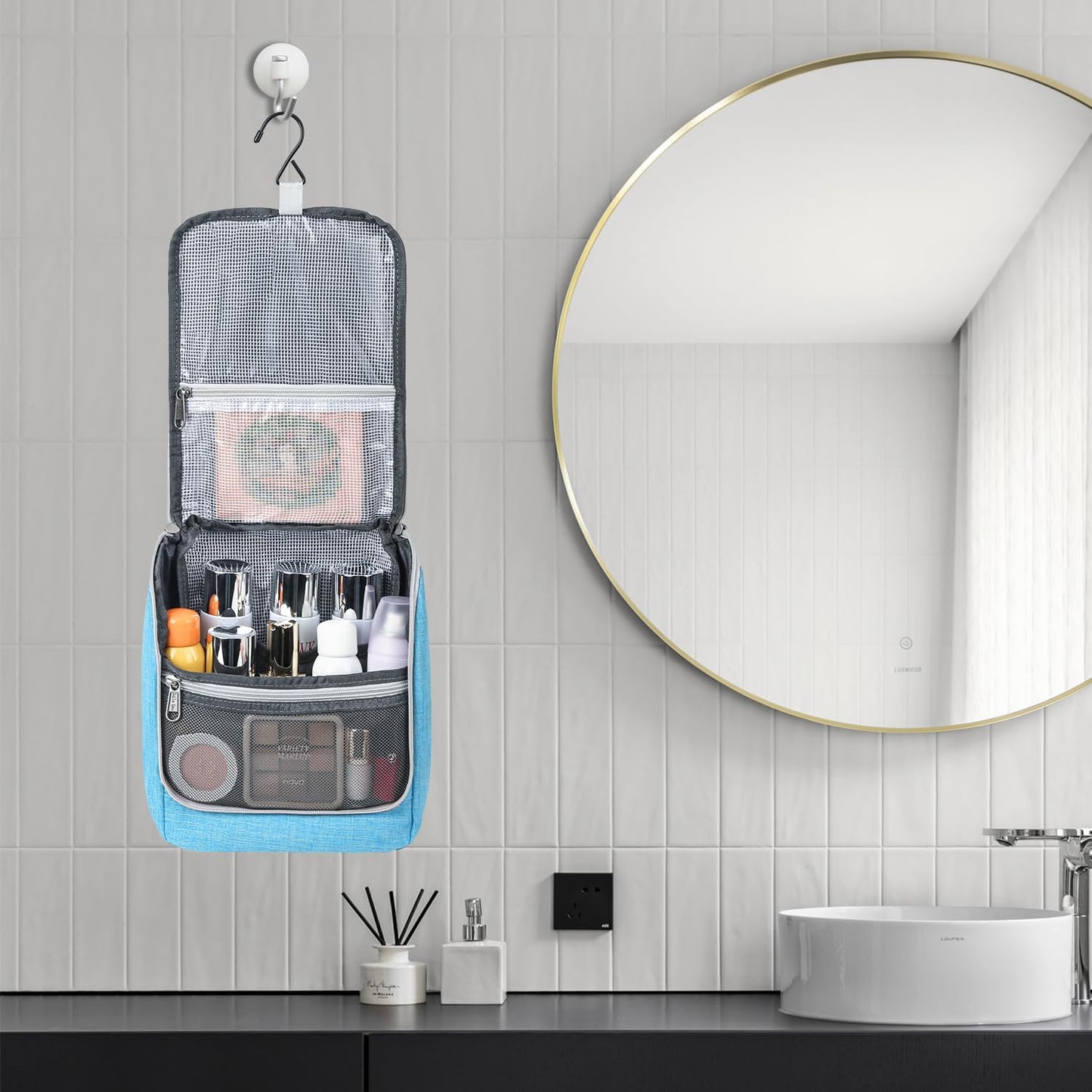 Della Gao Hanging Toiletry Bag for Men & Women, Portable Travel Cosmetic Makeup Bag Toiletries Organizer Kit, Water Resistant Bathroom Bag, Blue