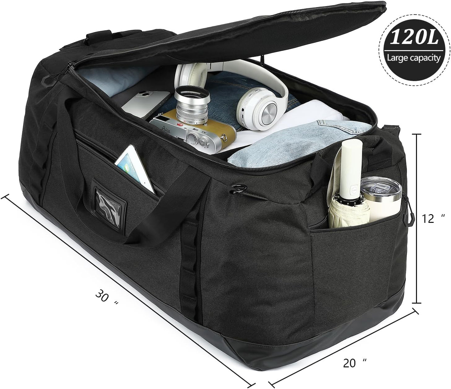 TUGUAN Extra Large Travel Duffle Bag Backpack for Men with Adjustable Dividers 120L Big Weekend Overnight Bag with ID Pocket Shoulder Strap Heavy Duty Sports Duffel Bags for Camping Gym, Black