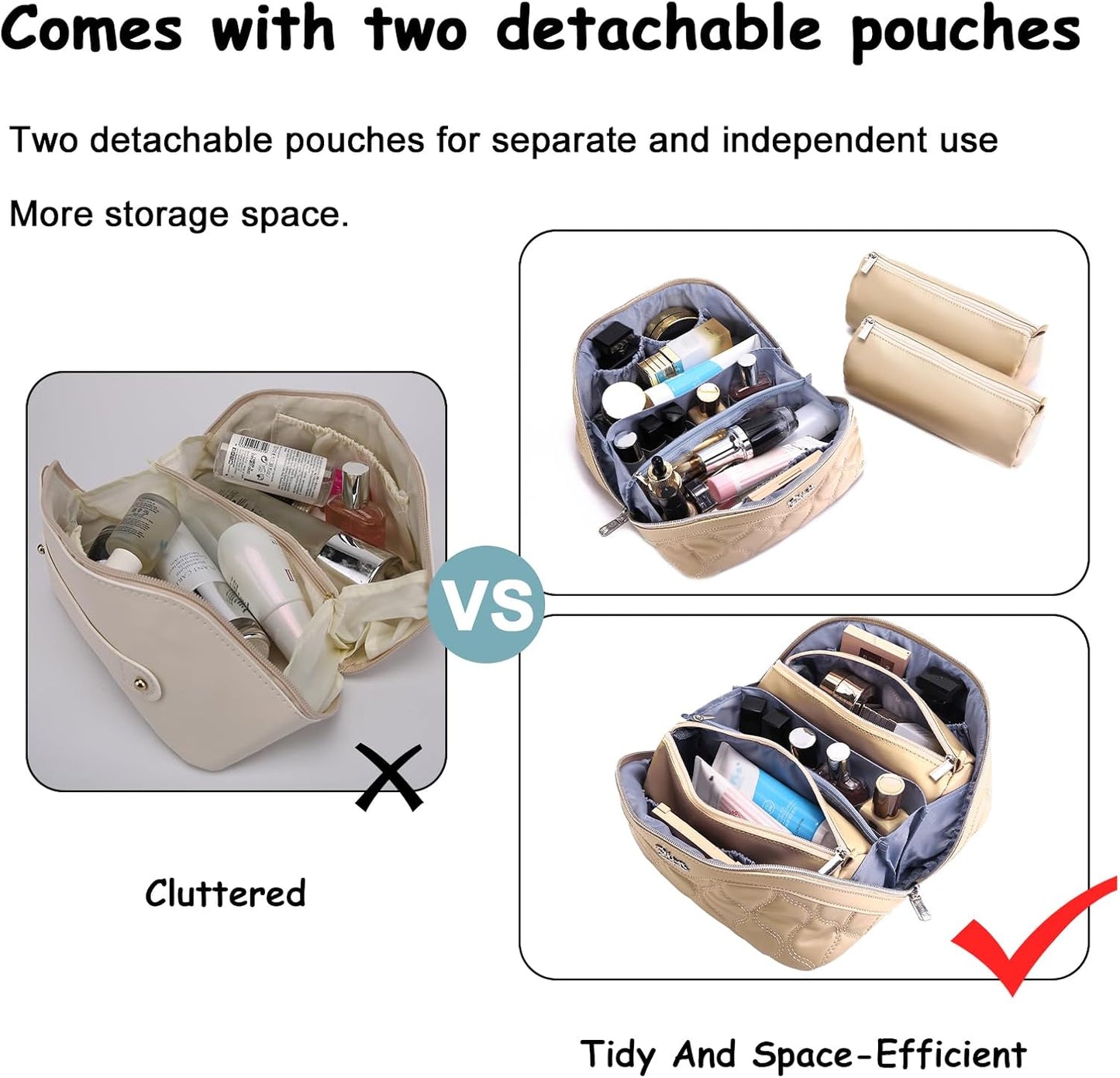 Travel Makeup Bags for Women Cosmetic Bag: Puffy Make up Bags Set of 3 - Vegan Leather Makeup Organizer - Waterproof Large Toiletry Bag with Compartments - Travel Essentials (Khaki)