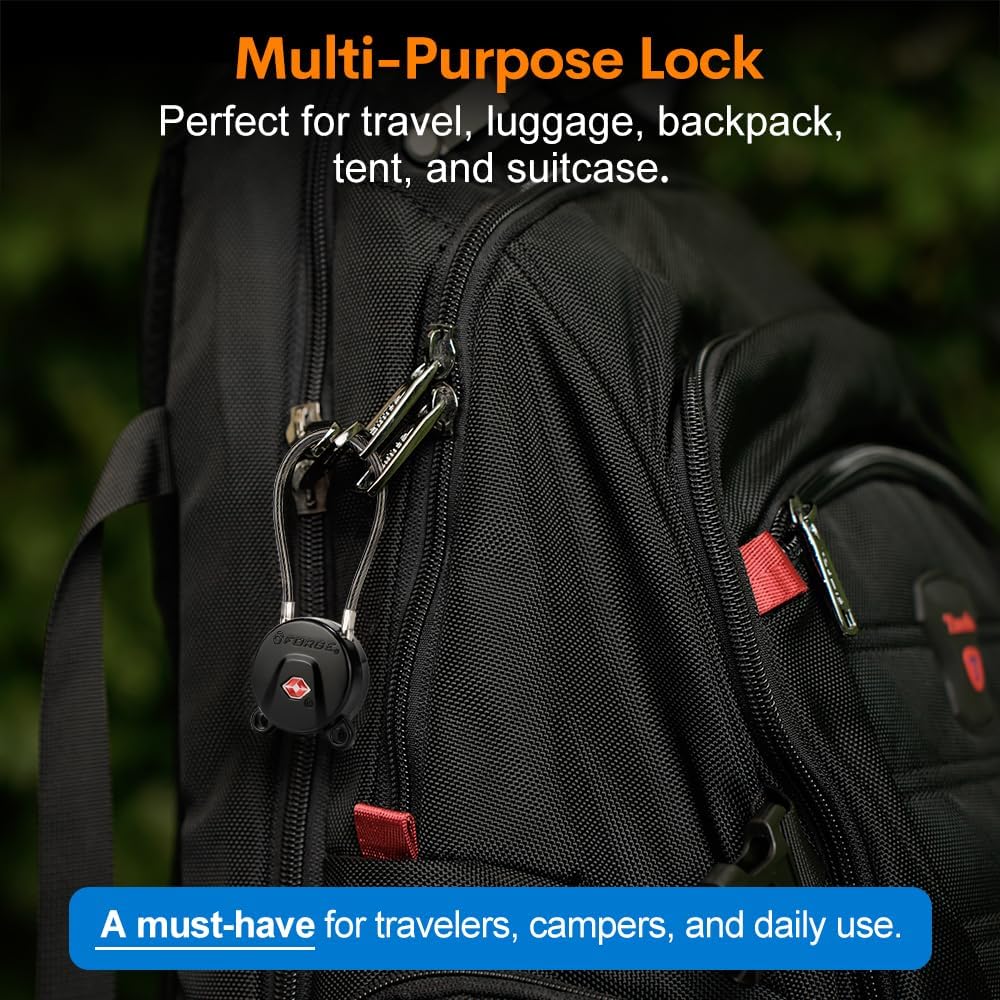 Forge TSA Approved Luggage Locks Ultra-Secure Dimple TSA006 Key Travel Locks with Zinc Alloy Body- Black 2 Cable Locks