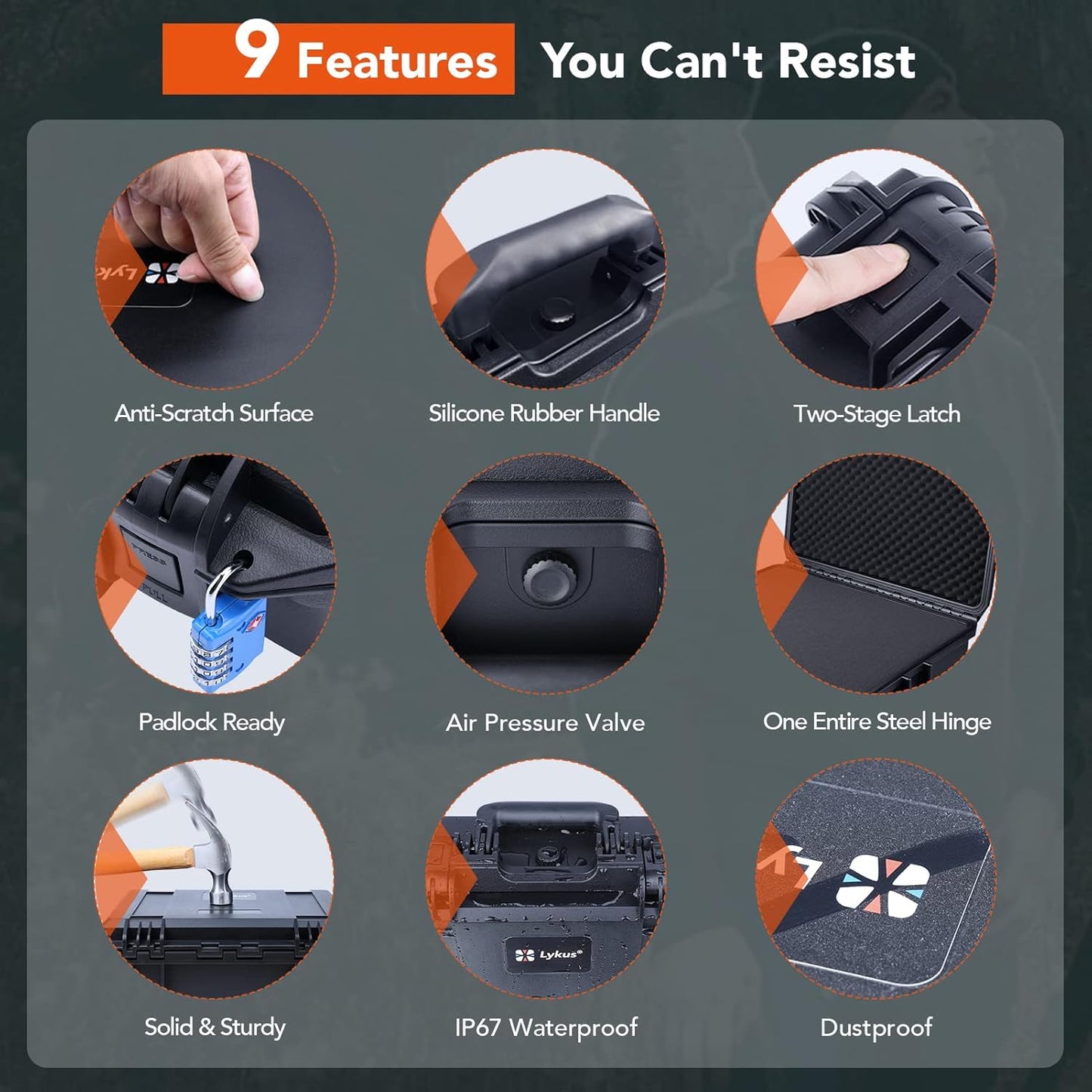 Lykus HC-3010 Waterproof Hard Case with Customizable Foam Insert, Interior Size 11.81x7.87x4.72 in, Suitable for Pistol, Camera, Lens, Drone, Mic, Flashlight, Electronics, Tools, and More