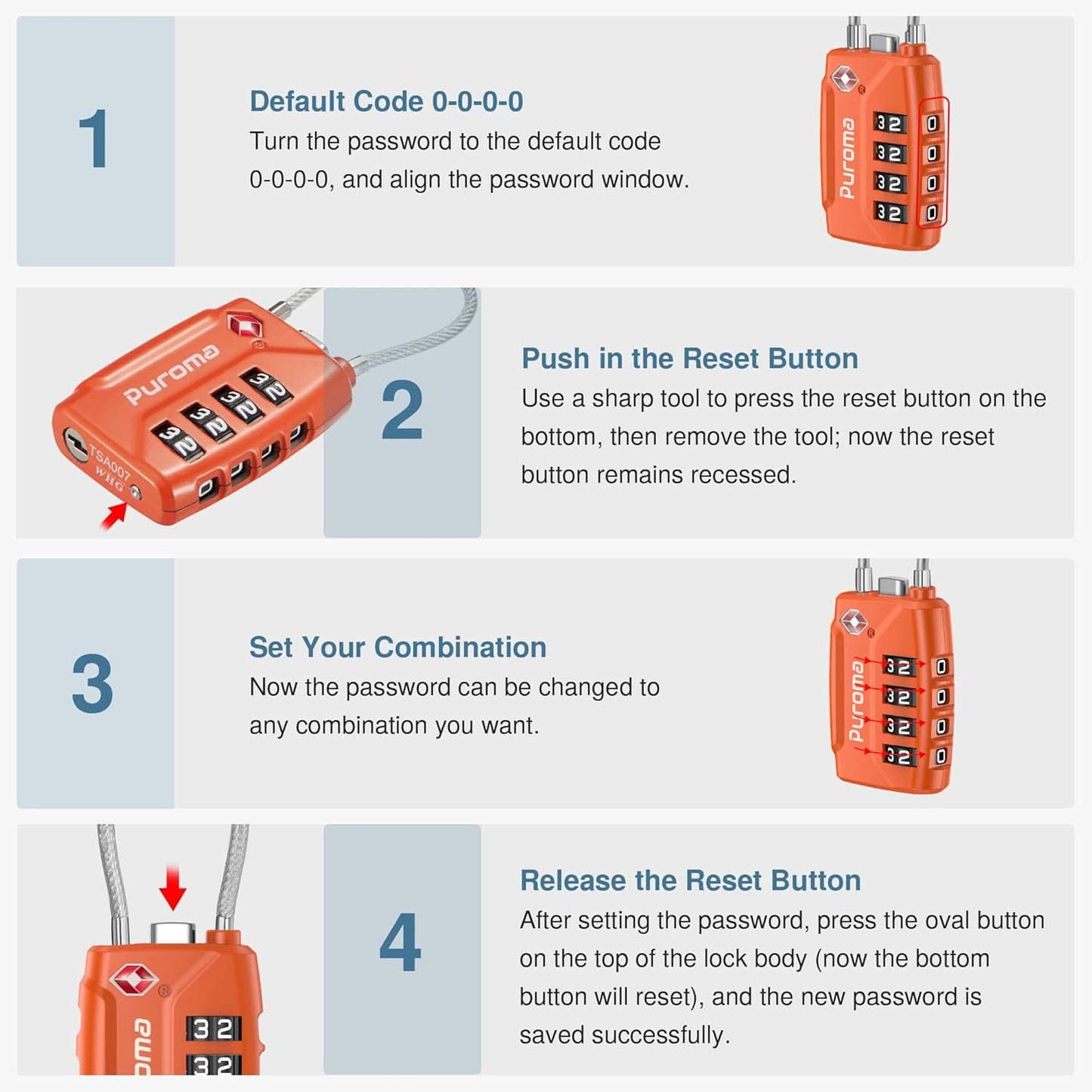 Puroma 2 Pack TSA Approved Luggage Locks, 4 Digit Combination Travel Locks Resettable Code Lock with Zinc Alloy Body for Suitcase, Toolbox, Backpack, Bag, Gym Locker (Orange)