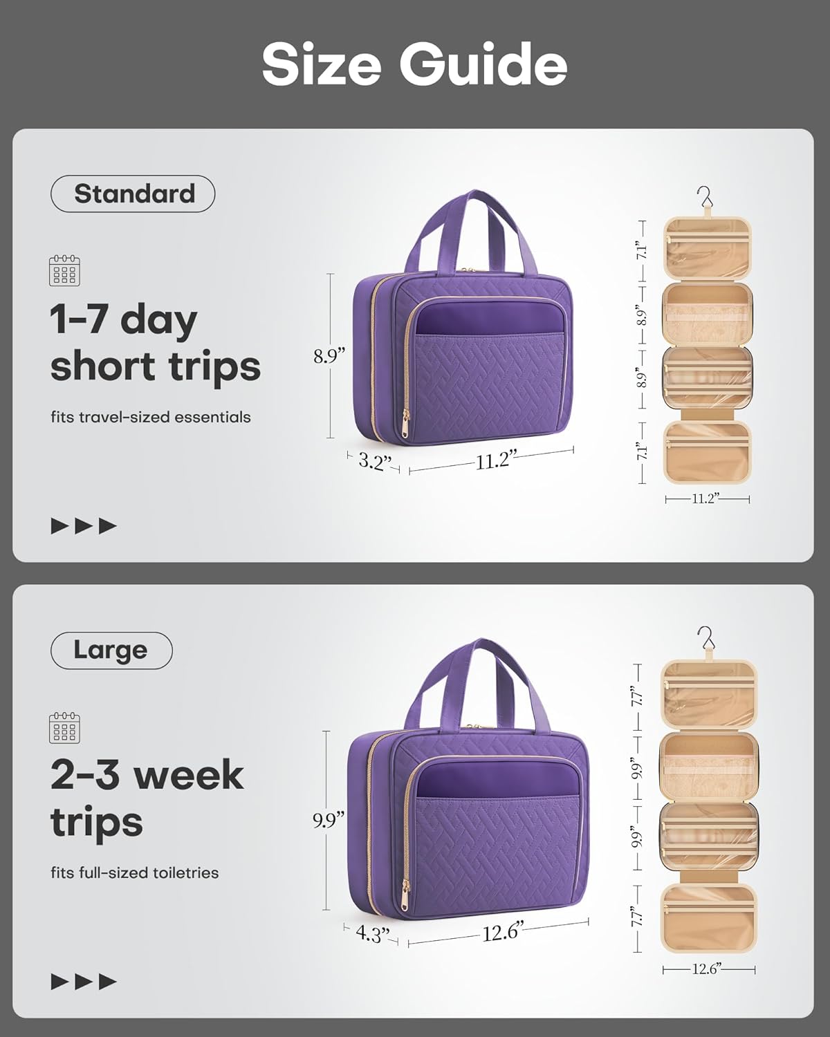 HOTOR Travel Toiletry Bag for Women & Men, Waterproof Makeup Bag with Hanging Hook and Multiple Pockets, Cosmetic Bags for Women, Travel Essentials, 11.2'' x 3.2'' x 8.9'', Dark Purple