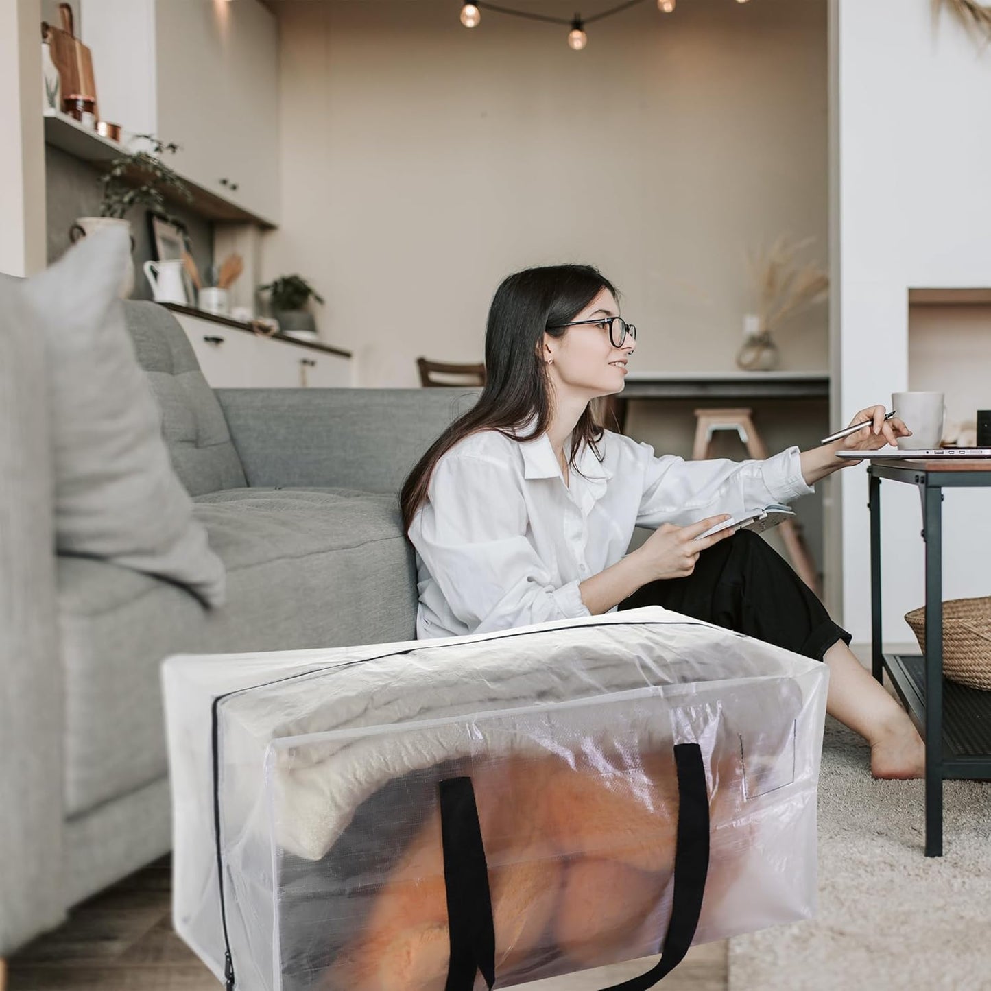 8 Pack Heavy Duty Extra Large Moving Bags with Black Handles, Waterproof Foldable Storage Totes,Clothing Storage Bags,Packing Moving Boxes for College Supplies & Seasonal Storage,Clear