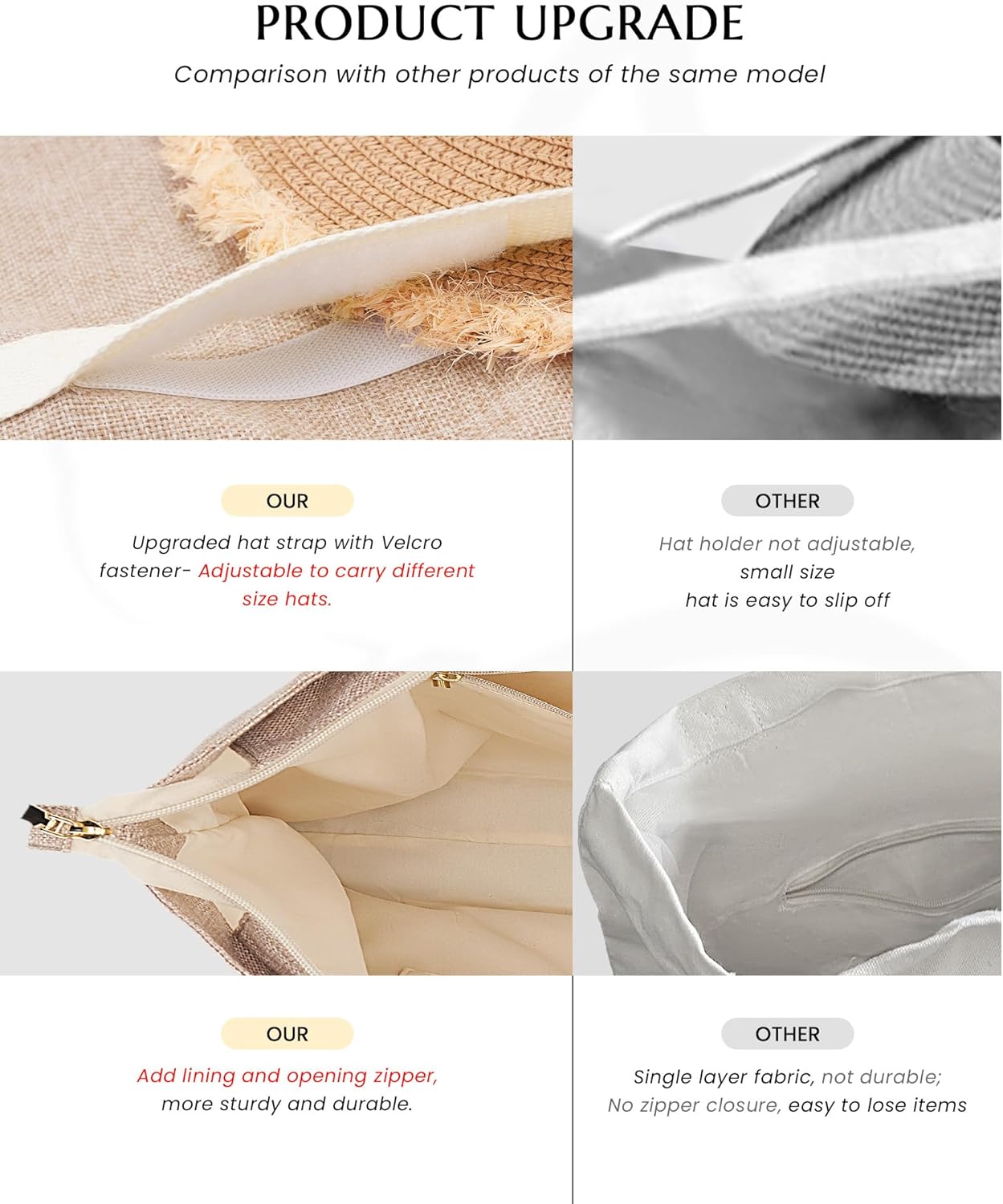 Large Beach Tote Bag with Zipper-Travel Tote Bag for Women with Sun Hat Holder Strap Boho Summer Beach Tote