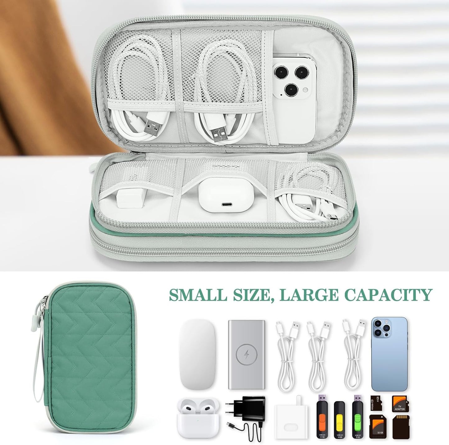 FYY Electronic Organizer, Travel Cable Organizer Bag Pouch Electronic Accessories Carry Case Portable Waterproof Double Layers All-in-One Storage Bag for Cable, Cord, Charger, Phone,-Pattern Green(M)