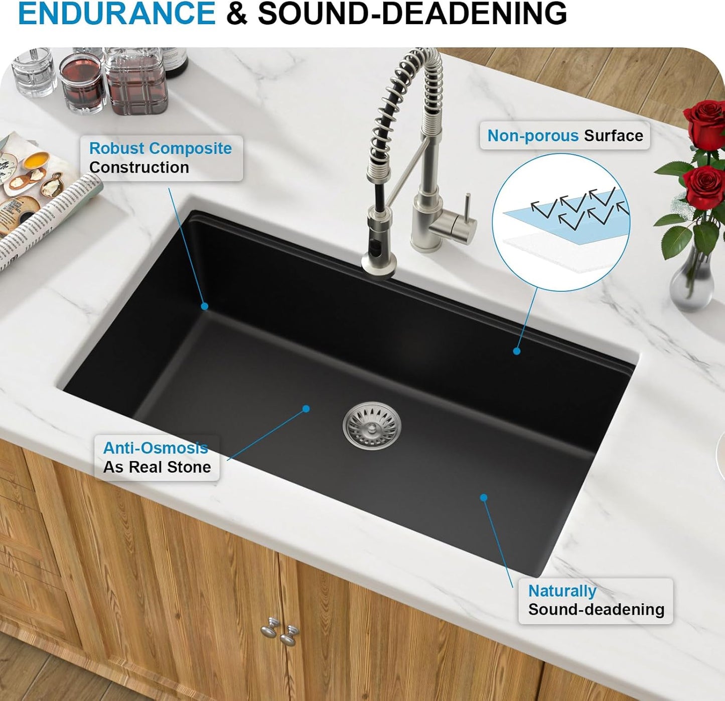 33 Inch Black Granite Composite Kitchen Sink Workstations Black Quartz Undermount Single Bowl Sink with Accessories Single Basin Large Capacity Noise Reduction Quiet Kitchen