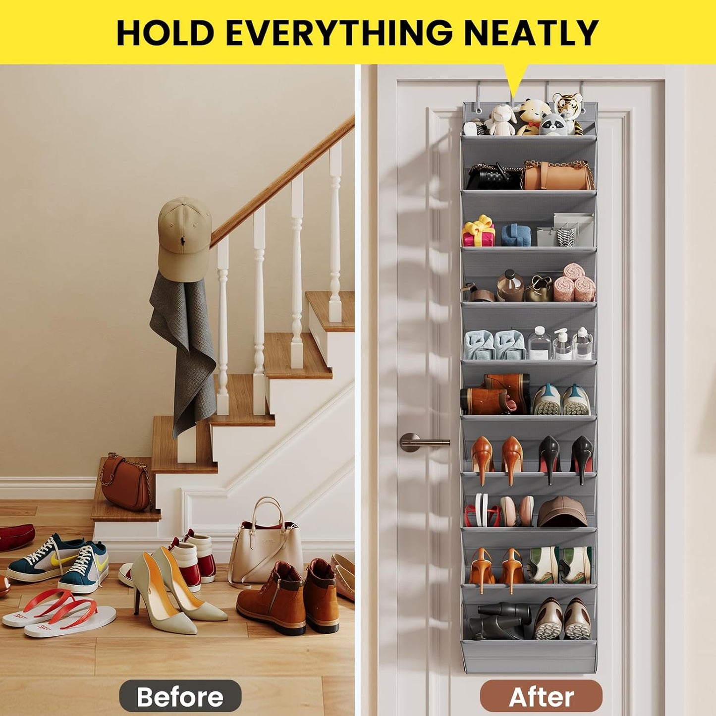 Over the Door Shoe Organizer for Closet, Shoes Rack with 10 Tier PVC Window Deep Pockets, Hanging Shoe Organizers for Boot Storage, Behind the Door Narrow Shoe Holder for Small Shoes, Grey