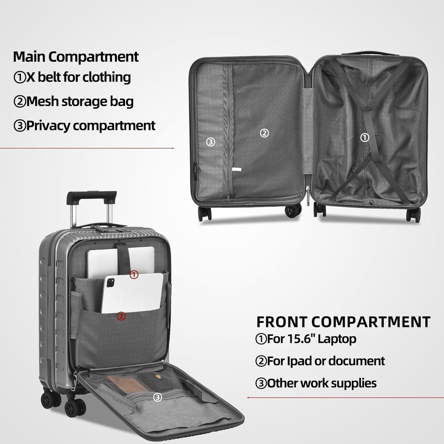 2 Pieces 20/29 Luggage Sets, 20 Inch Cabin Luggage with Front Pocket & 29 Inch Side Opening Suitcase, Ligthweight ABS+PC Hardshell, Gray