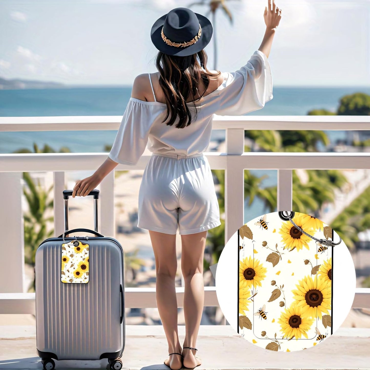 Luggage Tags for Suitcases, 2-Pack PU Leather for Cruise & Travel, Baggage ID Tags with Privacy Cover & Address Card, Durable Metal Ring, Kids Adults Travel Accessories, Sunflower Buzz