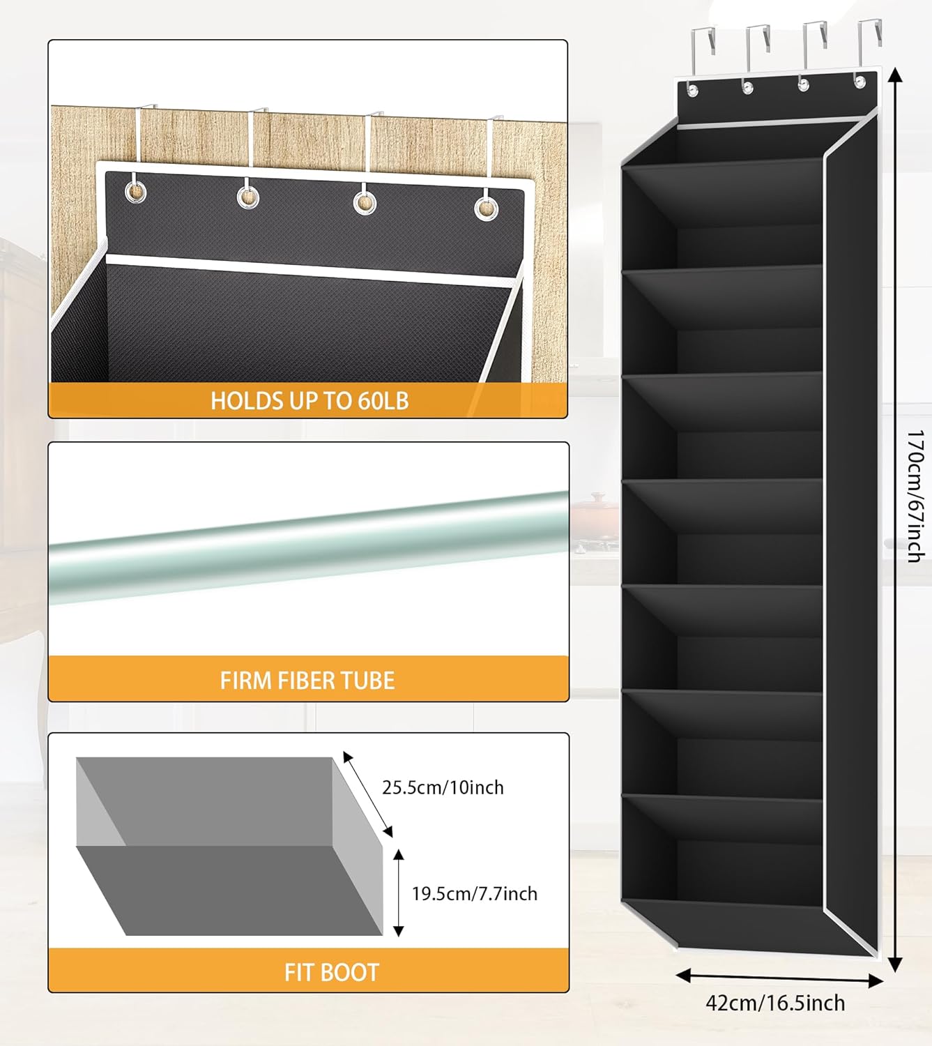 Over The Door Shoe Organizer Storage Fit 16-24 Pairs Hanging Shoe Rack Organiser for Closet Door, Deep Pocket Shoe Holder for Sneakers,Boots Storage(1 Pack Black)