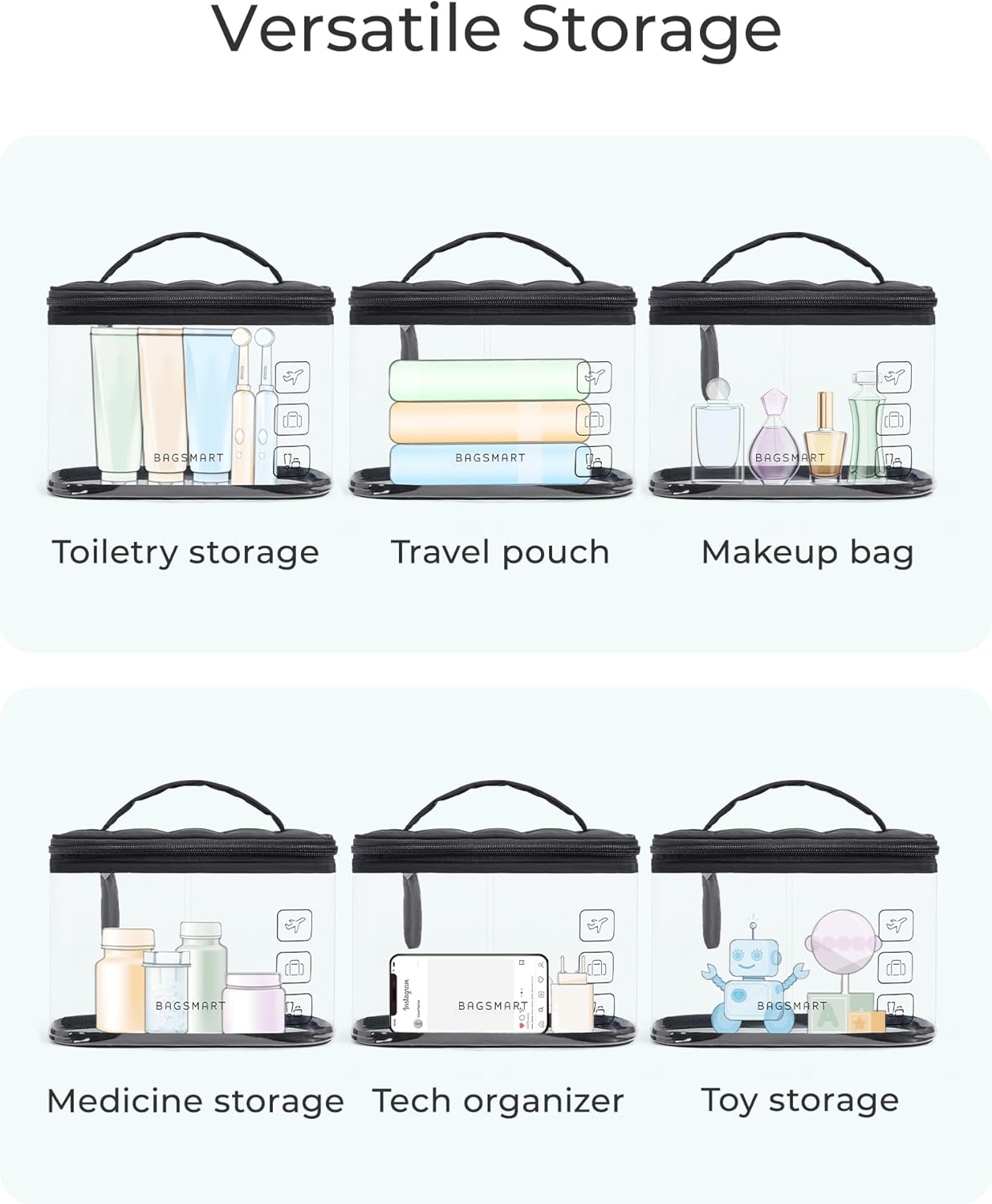 BAGSMART TSA Approved Toiletry Bag, Clear Makeup Cosmetic Bag Organizer, Quart Size Travel Bag for Toiletries, Carry-on Travel Accessories Essentials, 1 Pack-Black