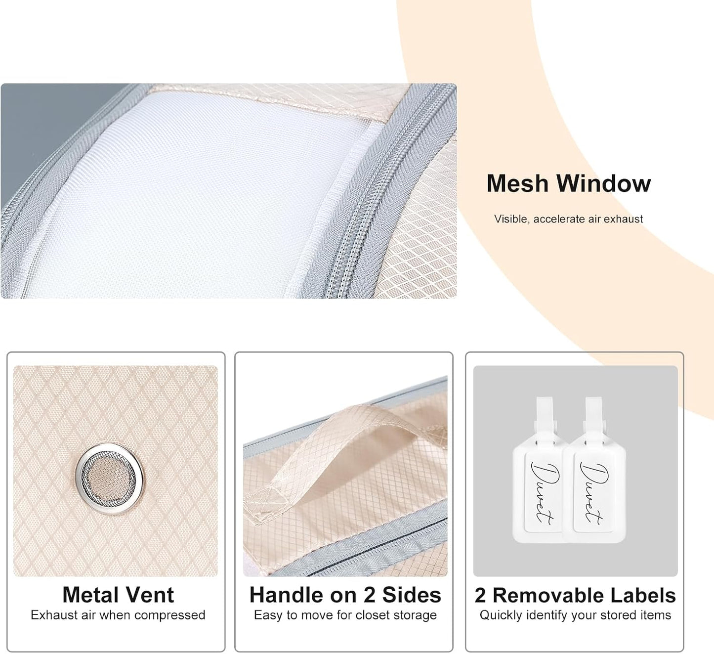 Comforter Storage Bag - Large Capacity Bedding Storage Bags Ultra Space Saving Self Compression Organizer, Washable Compression Bags for Storage Comforter Blanket Duvet Pillow, 2-Pack, Beige