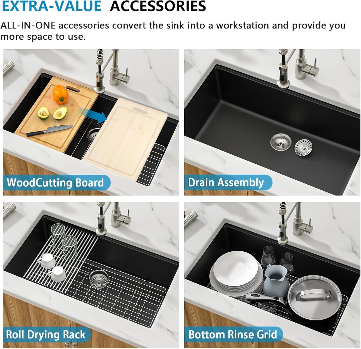 30 Granite Composite Kitchen Sink - Donsdey 30 Inch Black Kitchen Sink Undermount Granite Quartz Composite Ledge Workstation Matte Black Under Counter Single Bowl Sink Basin