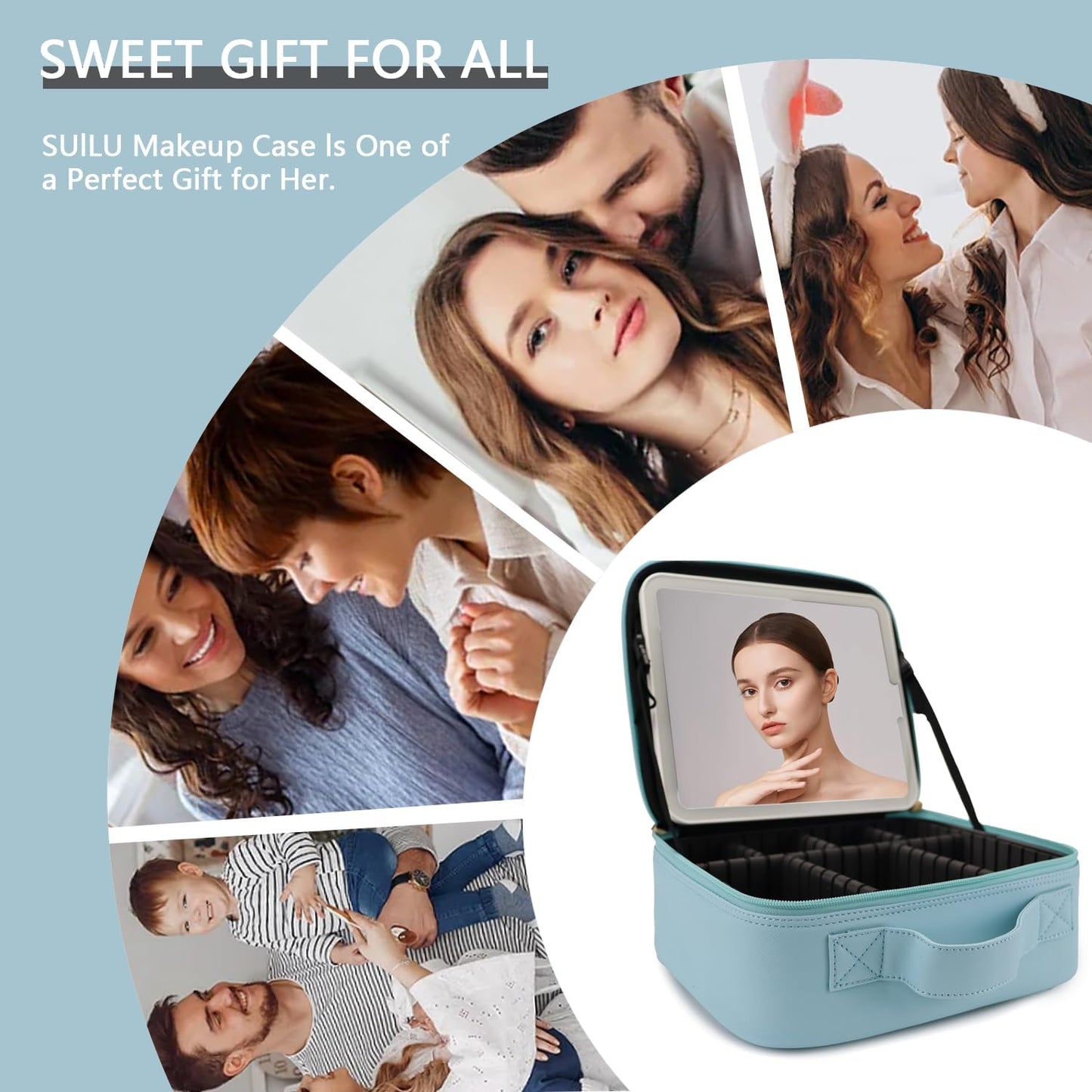 Makeup Bag with Led Mirror,Travel Makeup Organizer with 3 Color Setting & 10X Magnifying Mirror, Portable Storage and Adjustable Dividers Travel Makeup Bag-baby blue