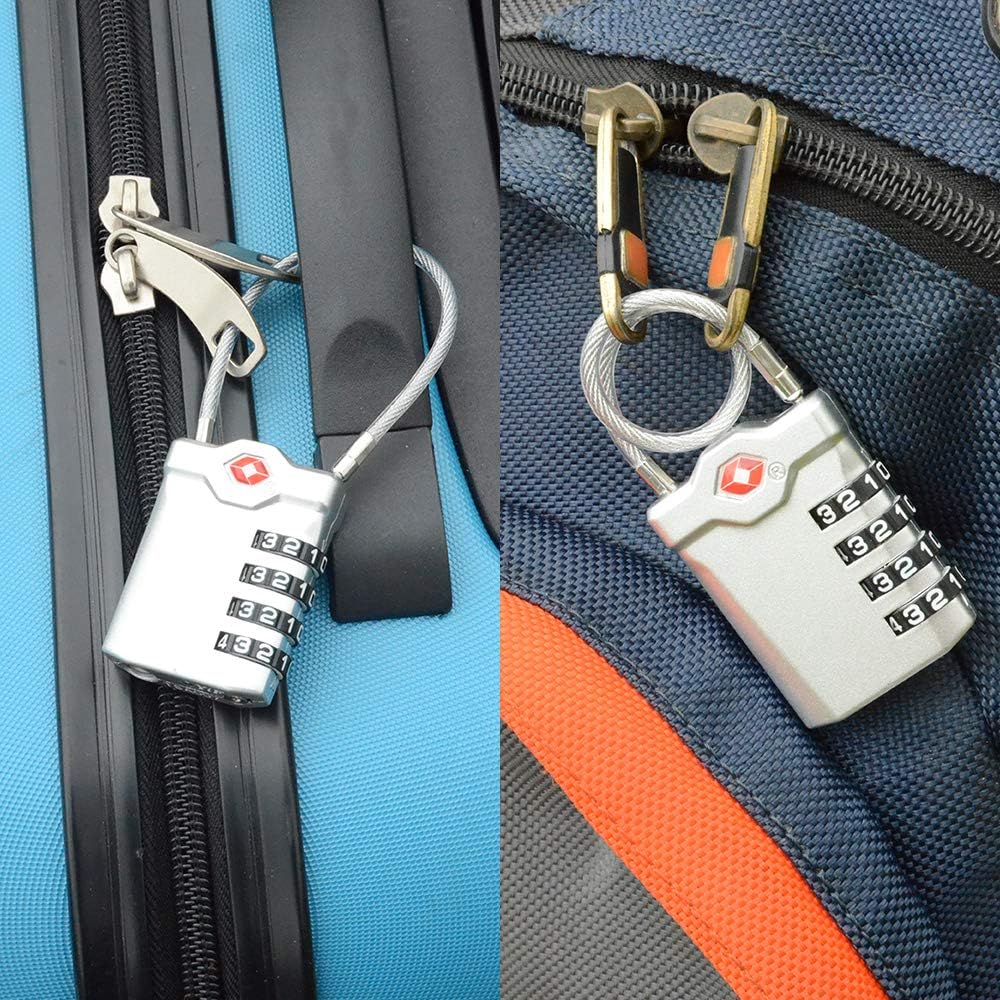 ZHEGE TSA Approved Lock, 4 Digit Cable Luggage Lock, Travel Lock with White Number, Flexible TSA Cable Lock for Suitcase, Gym Locker, School Locker, Easy to Read (1 Pack, Sliver)