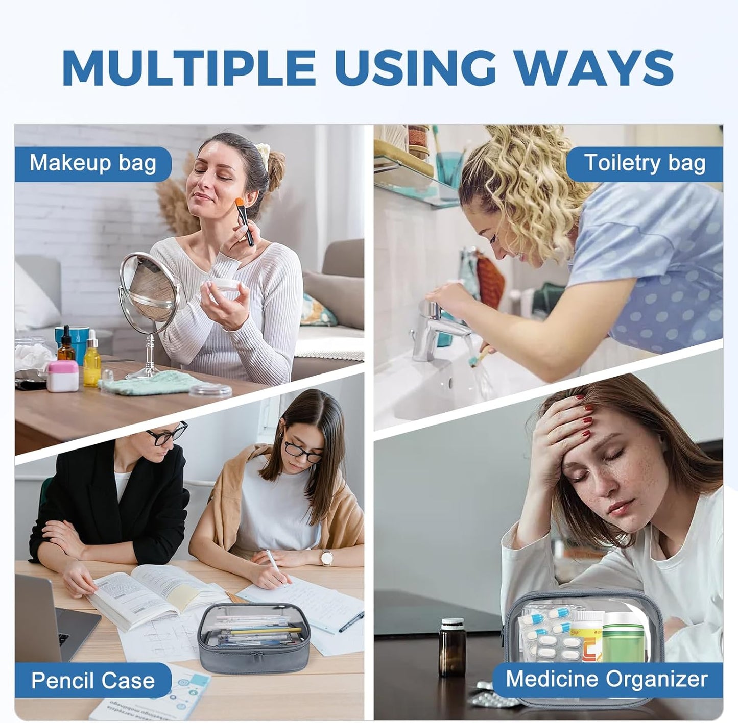 Moyad TSA Approved Clear Toiletry Bag, 1 Pack Quart Size 3-1-1 Liquids Pouch for Travel, Transparent Makeup & Cosmetic Organizer for Women Men, Grey