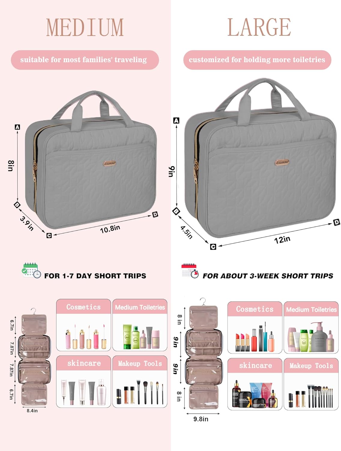 Grey Toiletry Bag, Makeup Organizer, Travel Bag For Women Mens Toiletries, Waterproof with Hanging Hook, Large Capacity
