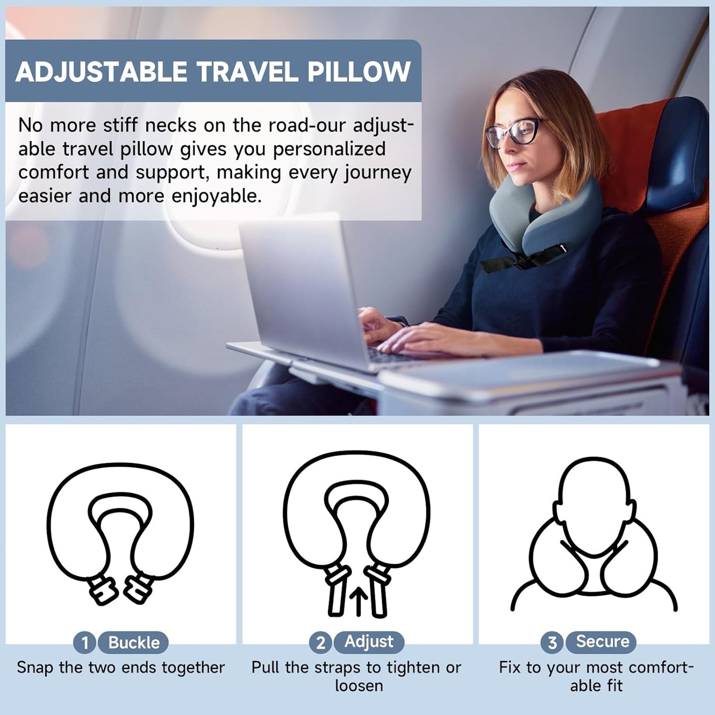 Travel Pillow/Neck Brace, Airplane Pillow with Sleep Mask and Ear Plugs, Breathable Removable Cover & Ergonomic Design - Essentials Travel Neck Pillow for Airplane, Car, Office & Home Use (Blue)