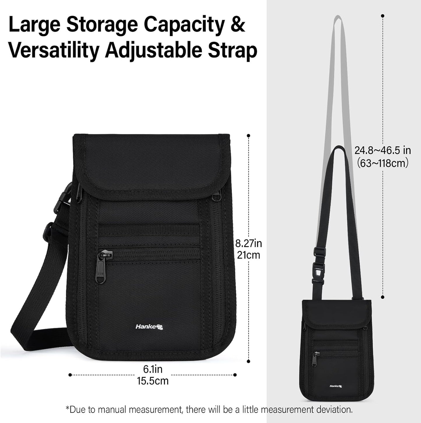 Hanke Passport Holder, Travel Wallet for Womens and Men, Neck Wallet Hidden Passport Pouch for Travel Adjustable Lightweight Thin with 6 compartments (Black)