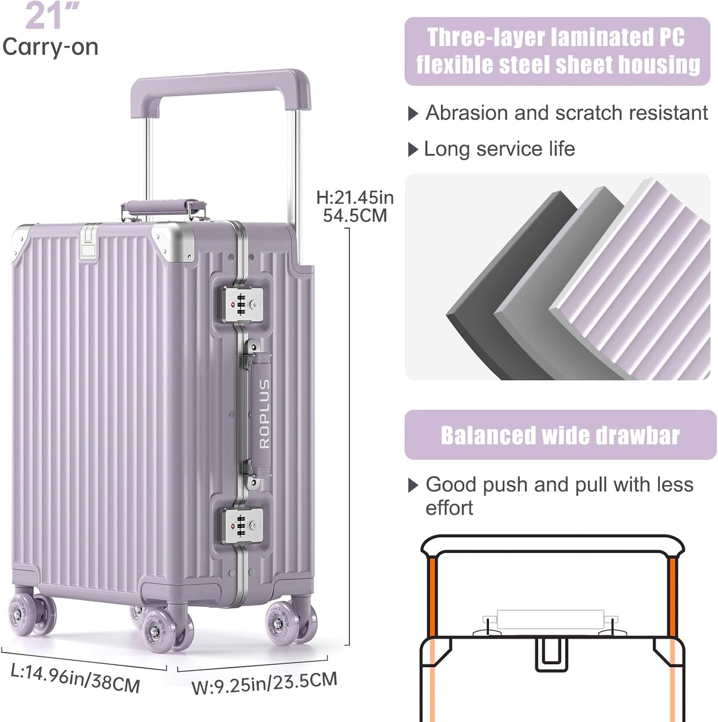 Aluminium Frame Checked-Luggage with Smooth Jelly Wheels, Hardside Zipperless Rolling Suitcase with TSA Lock (Purple, 21-Inch)