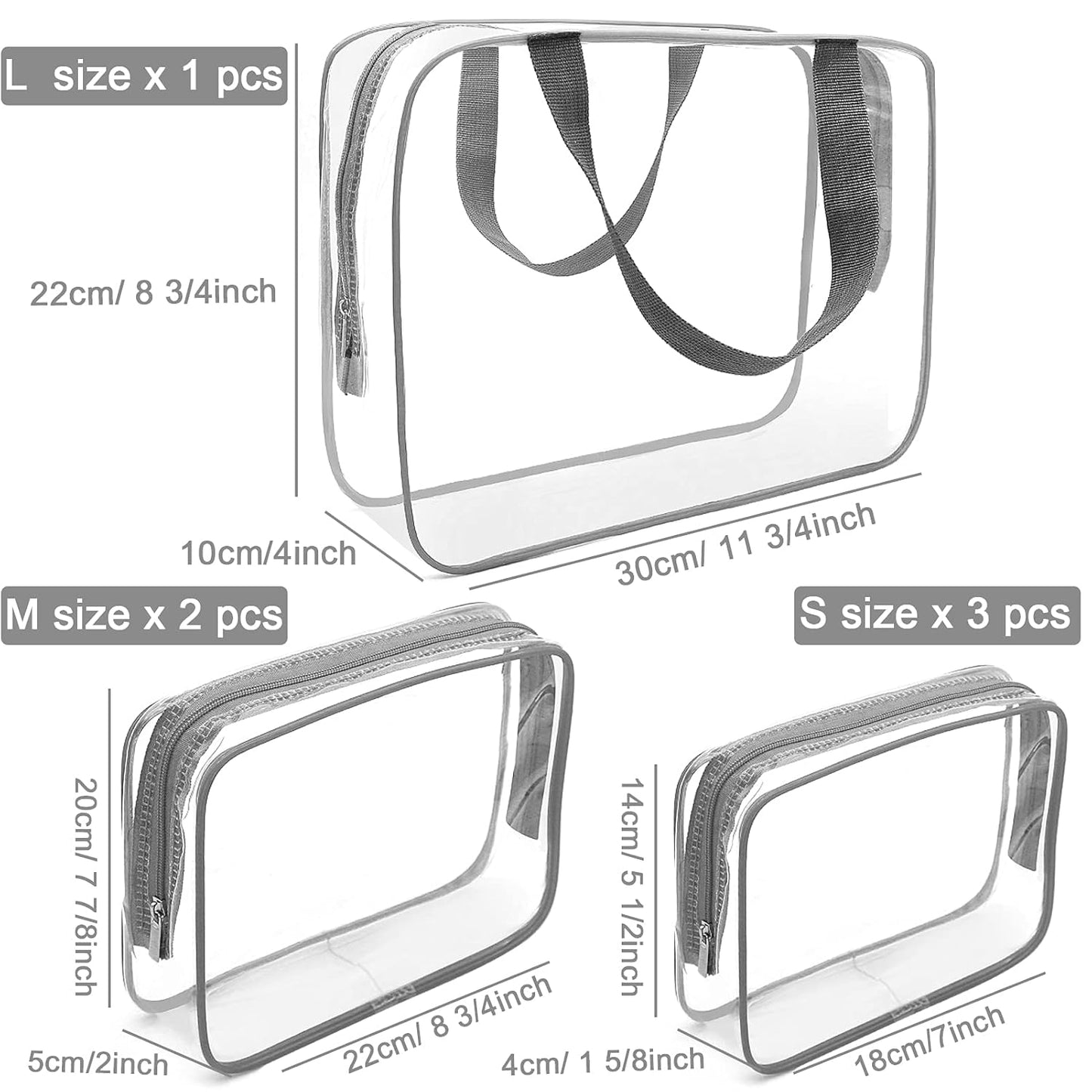 APREUTY Clear Makeup Bags, TSA Approved 6Pcs Cosmetic Makeup Bags Set Clear PVC with Zipper Handle Portable Travel Luggage Pouch Airport Airline Bags Bathroom (Gray)