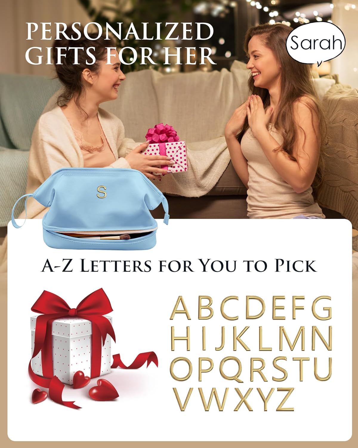 Birthday Gifts for Girls, Initial Large Makeup Bag, Personalized Double Layer Cosmetic Bag with Makeup Brush Organizer, Large Capacity PU Leather Travel Toiletry Bag Travel Stuff for Girls