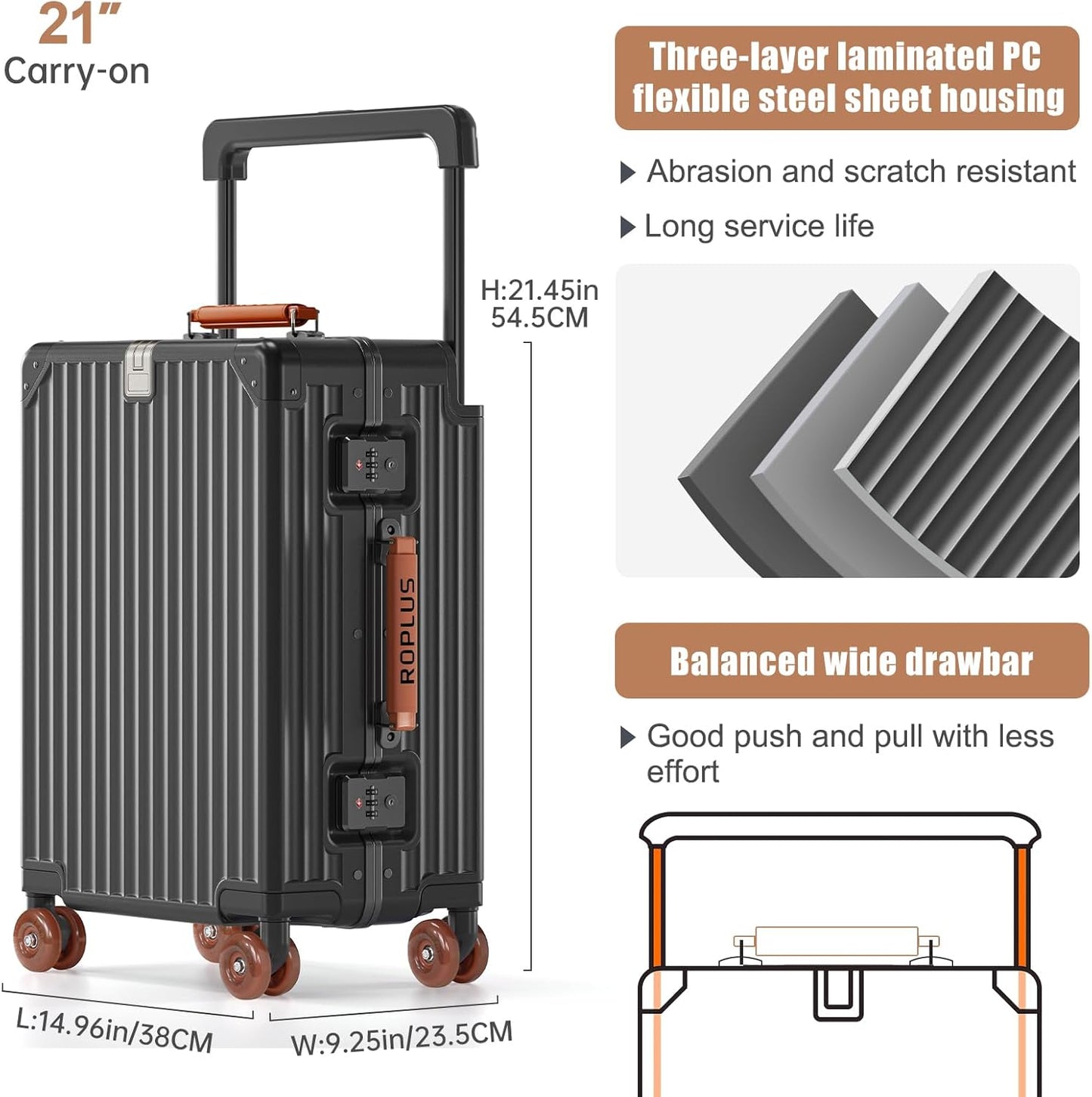 Aluminium Frame Carry on Luggage with Smooth Jelly Wheels, Hardside Zipperless Rolling Suitcase with TSA Lock (Grey, 21-Inch)