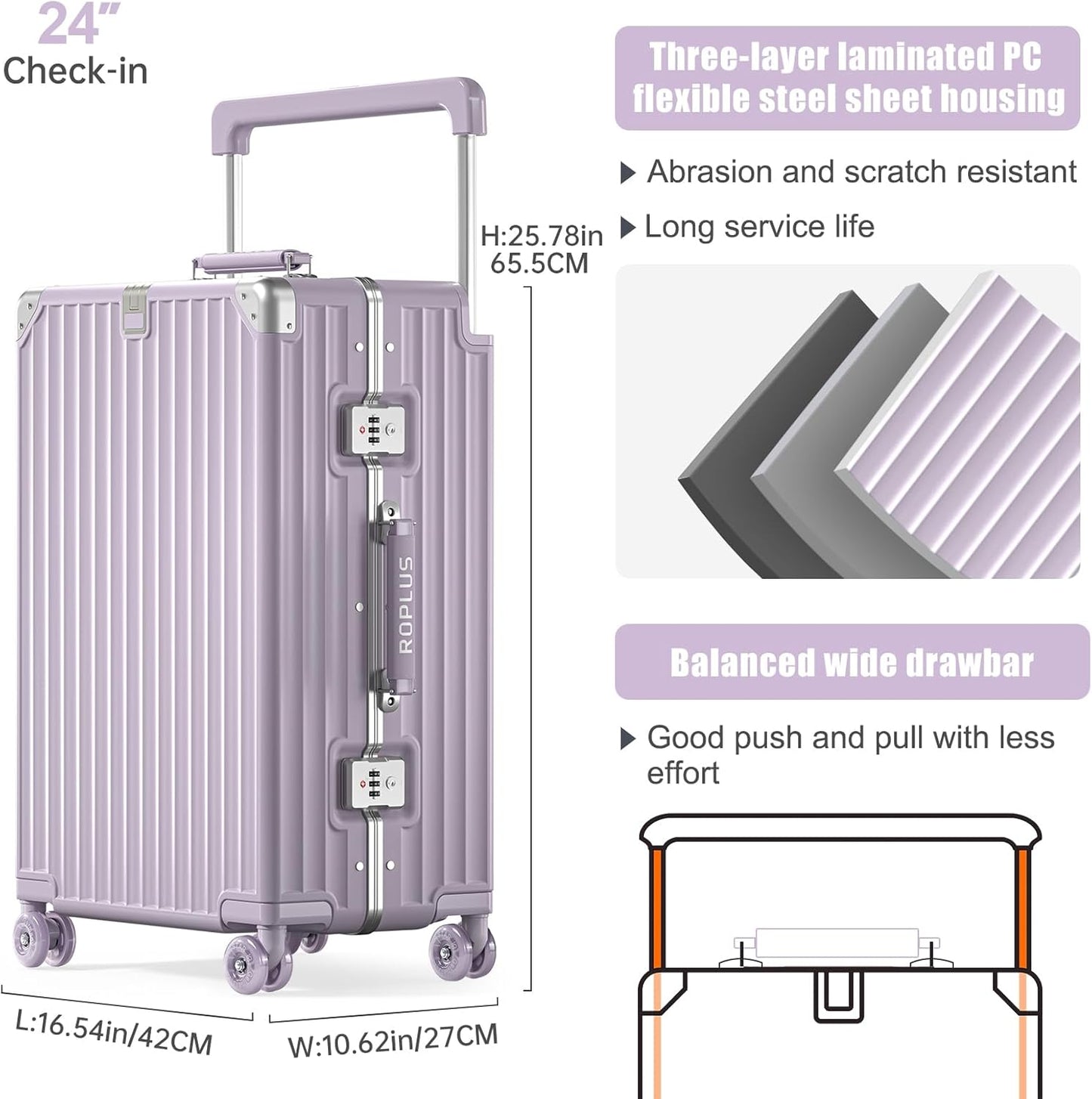 Aluminium Frame Checked-Luggage with Smooth Jelly Wheels, Hardside Zipperless Rolling Suitcase with TSA Lock (Purple, 24-Inch)