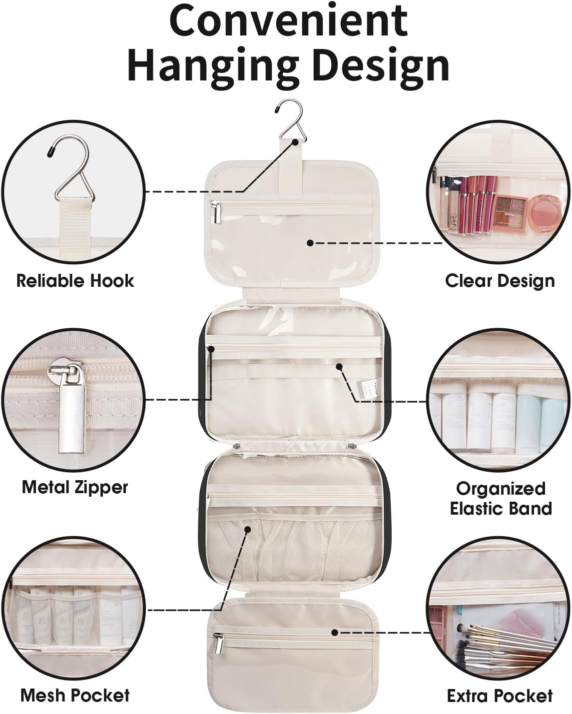 Narwey Travel Toiletry Bag for Women Large Hanging Makeup Bag Organizer Toiletries Bag for Full Size Essentials Accessories Cosmetics (Black (Large))