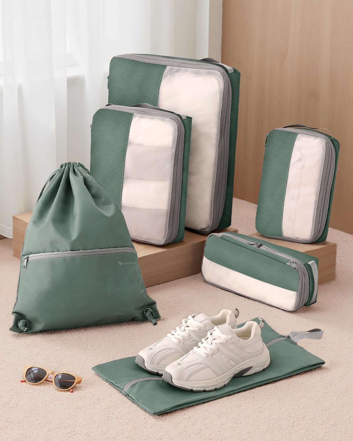 6 Set Compression Packing Cubes for Travel, Bonus Versatile Drawstring Backpack, Lightweight Luggage Organizer Bags, Sturdy Travel Accessories for Suitcase, Dark Green