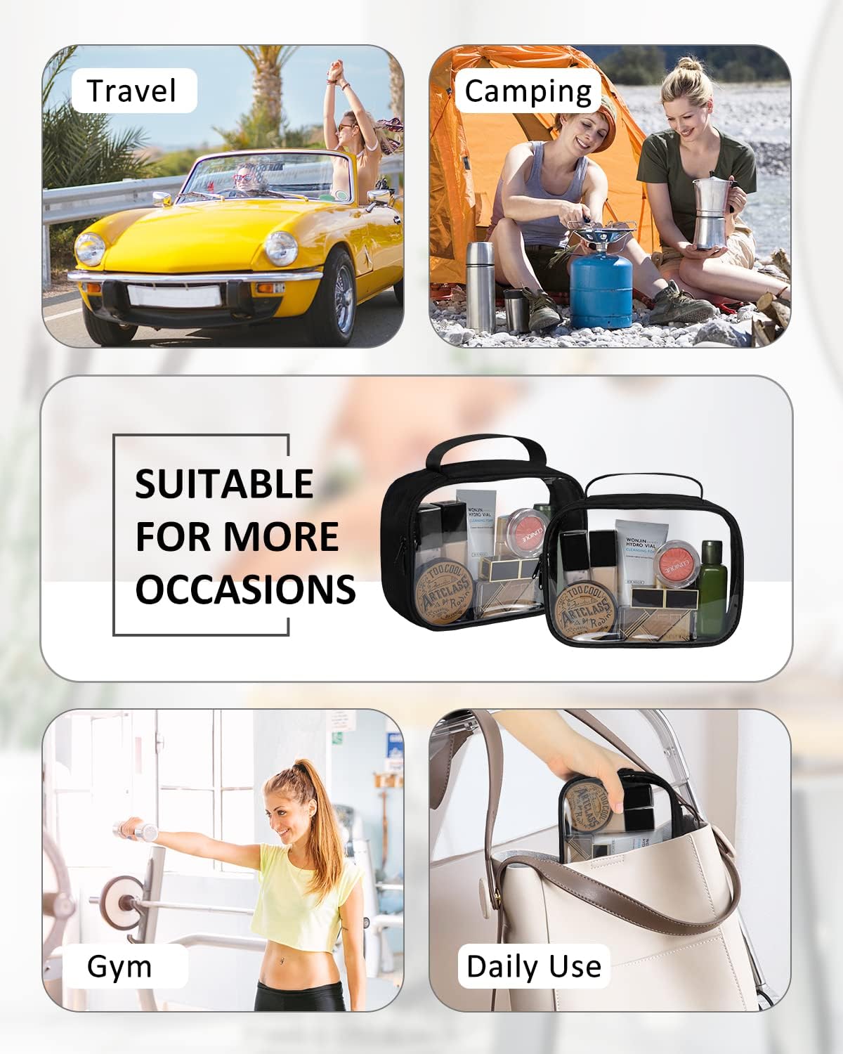 Moyad TSA Approved Clear Toiletry Bag with Handle, 2 Pack Quart Size 3-1-1 Liquids Pouch for Travel, Transparent Makeup & Cosmetic Organizer for Women Men, Black