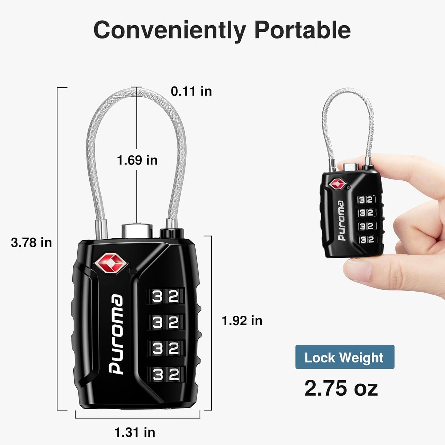 Puroma 4 Pack TSA Approved Luggage Locks, 4 Digit Combination Travel Locks Resettable Code Lock with Zinc Alloy Body for Suitcase, Toolbox, Backpack, Bag, Gym Locker (Black)