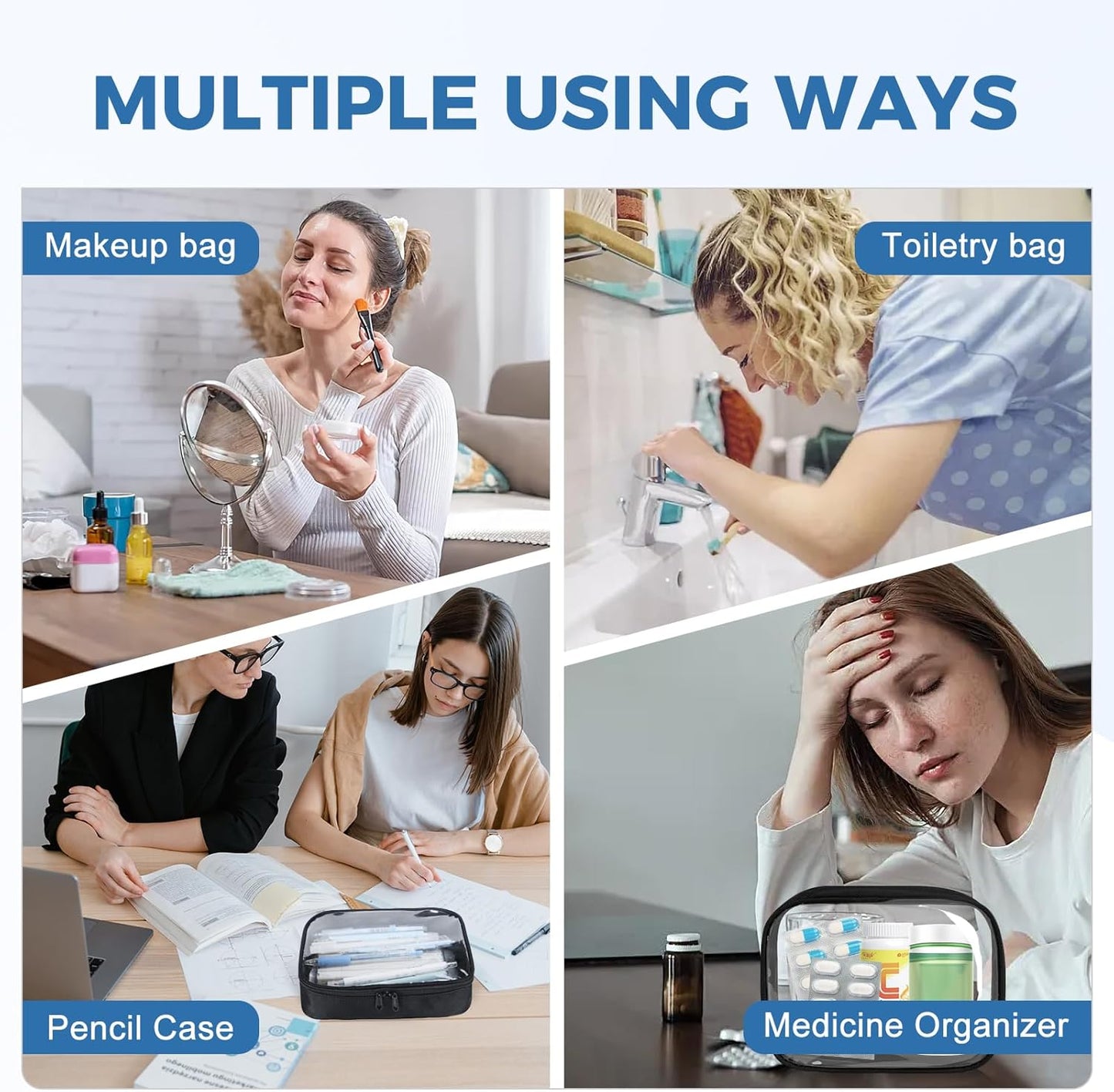 Moyad TSA Approved Clear Toiletry Bag, 3 Pack Quart Size 3-1-1 Liquids Pouch for Travel, Transparent Makeup & Cosmetic Organizer for Women Men, Black