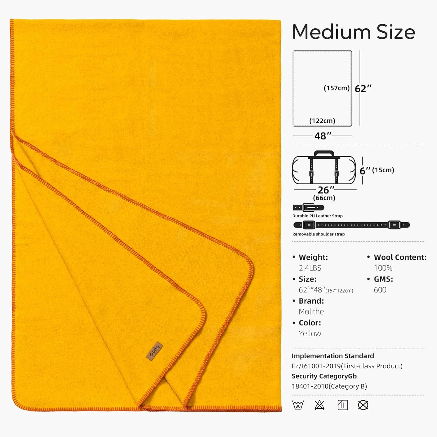 100% Wool Blanket, 48" x 62", Warm, Thick, Washable, Military Wool Blanket, Great for Camping, Outdoors, Sporting Events, Survival Kits, Yellow